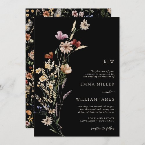 Wildflower Black Boho Wedding Invitation