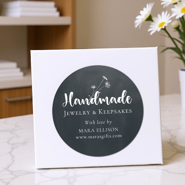 Wildflower Black Custom Handmade Product Packaging Classic Round Sticker (product packaging sticker artisan business gift blackboard white wildflowers handmade homemade)