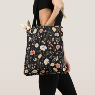 wildflower black floral pattern tote bag