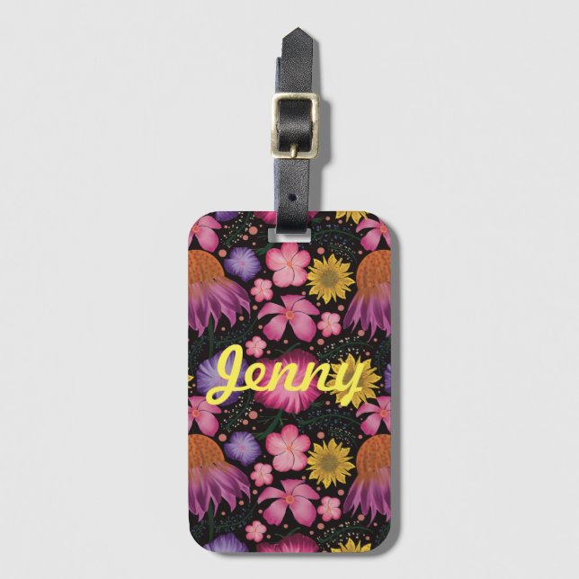 Wildflower Black Floral Personalized Luggage Tag (Front Vertical)