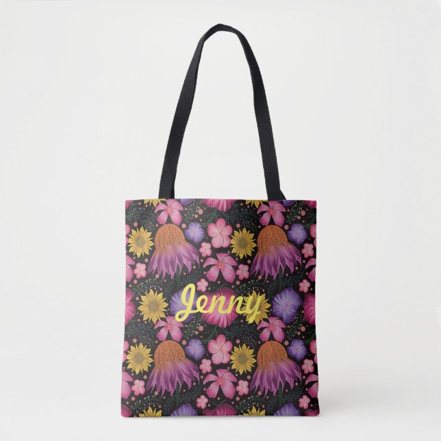Wildflower Black Floral Personalized Tote Bag (Front)