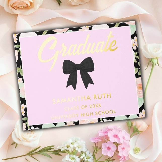 Wildflower Black Gingham Bow Graduation Party Foil Guest Book (Creator Uploaded)