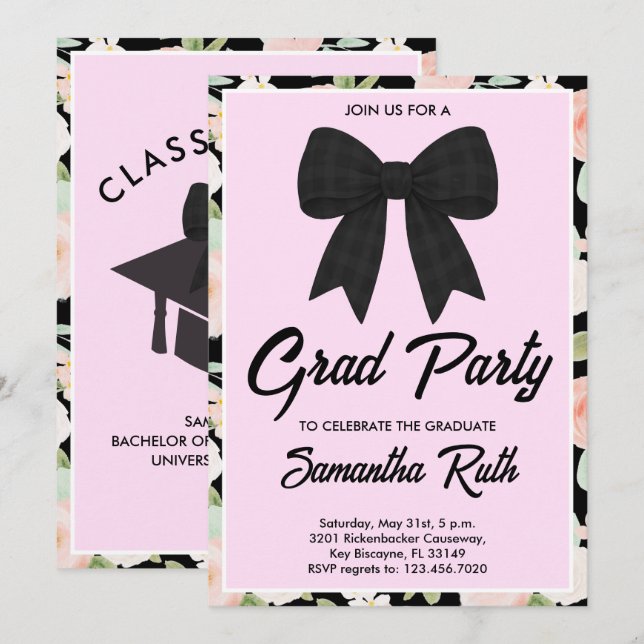 Wildflower Black Gingham Bow Graduation Party Invitation (Front/Back)
