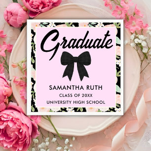 Wildflower Black Gingham Bow Graduation Party Napkins