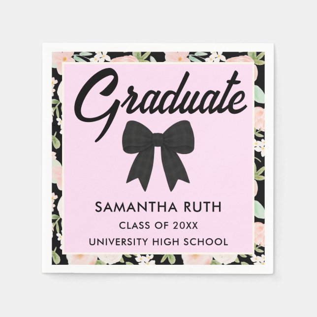 Wildflower Black Gingham Bow Graduation Party Napkins (Front)