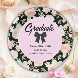 Wildflower Black Gingham Bow Graduation Party Paper Plates