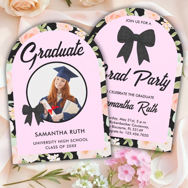 Wildflower Black Gingham Bow Photo Graduation Invitation (Creator Uploaded)
