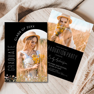 Wildflower Black Graduation Party Photo Invitation