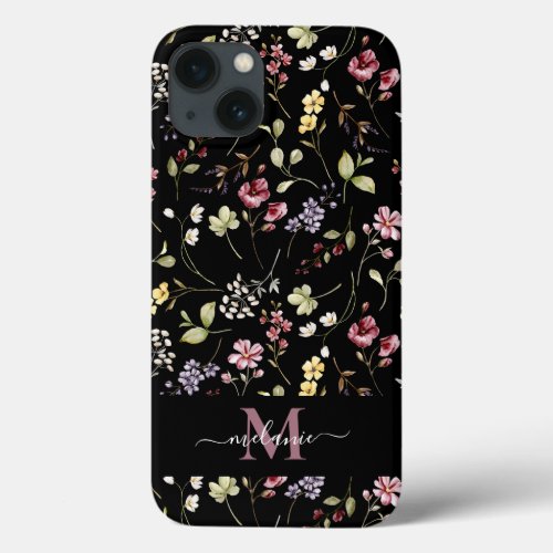 Wildflower Black Mauve Monogram iPhone 13 Case