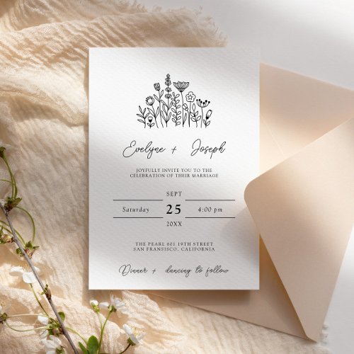 Wildflower Black  White Boho Elegant Chic Wedding Invitation