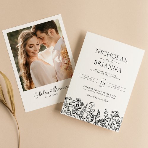 Wildflower Black White Boho Wedding Modern Photo Invitation