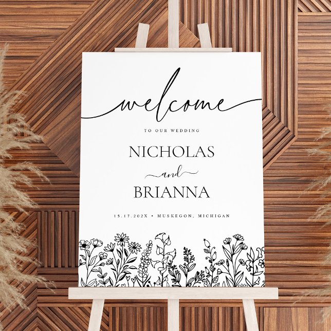Wildflower Black White Boho Wedding Welcome Foam Board (Creator Uploaded)
