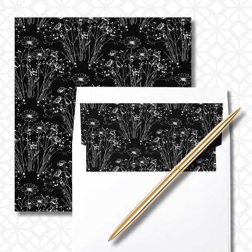 Wildflower Black White Botanical Elegant Wedding  Envelope Liner