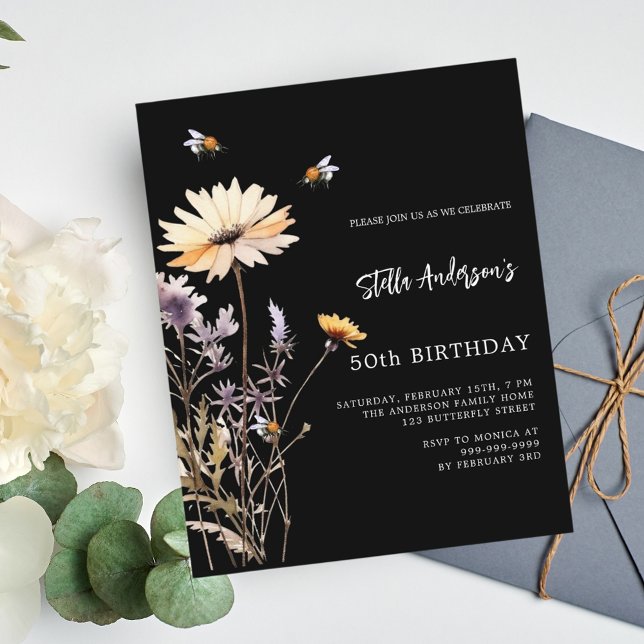Wildflower black yellow purple birthday invitation (Creator Uploaded)