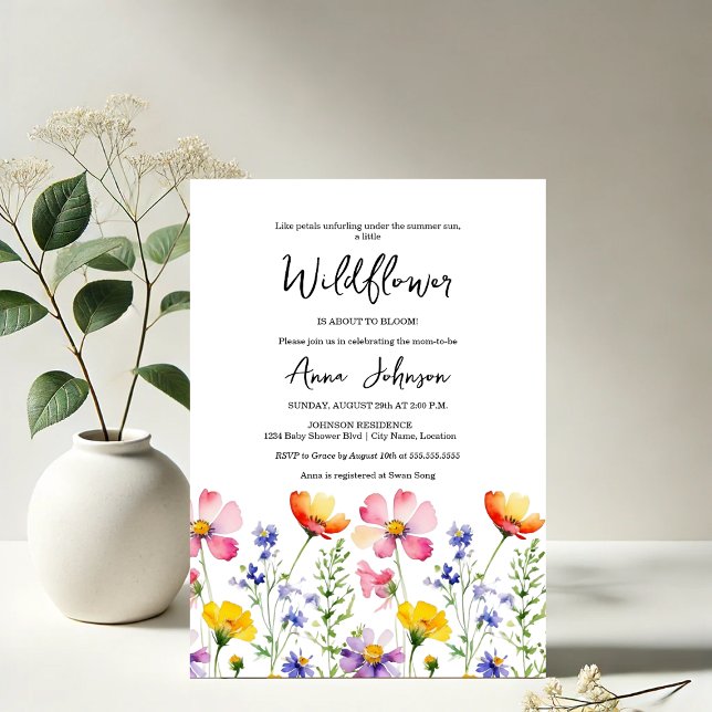 Wildflower Bloom Baby Shower Invitation (Elegant blooming watercolor baby shower invitation front view)