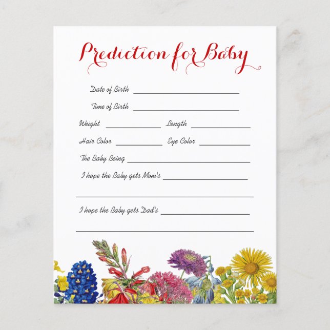 Wildflower Bloom Baby Shower Prediction Game Card (Front)