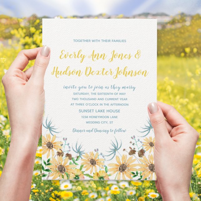 Wildflower Bloom Elegance Yellow Blue Wedding  Invitation (Creator Uploaded)