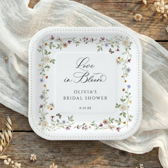 Wildflower Bloom Floral Square Bridal Shower Paper Plates (Square bridal shower plates with colorful watercolor wildflower flowers and love is in bloom design)