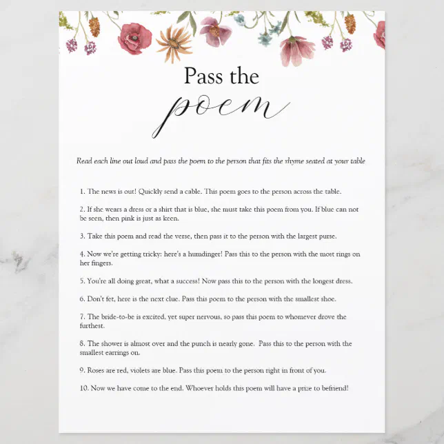 Wildflower Bloom Pass the Poem Bridal Shower game | Zazzle