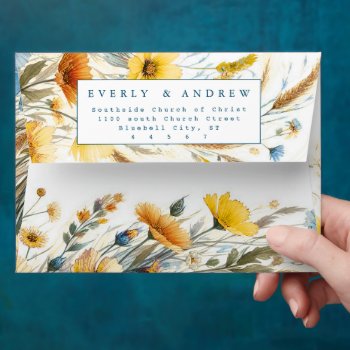 Wildflower Bloom Sunny Yellow  Sky Blue Wedding  Envelope by samack at Zazzle