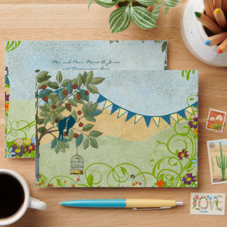 Wildflower Bloom Vintage Love Birds Wedding Envelope