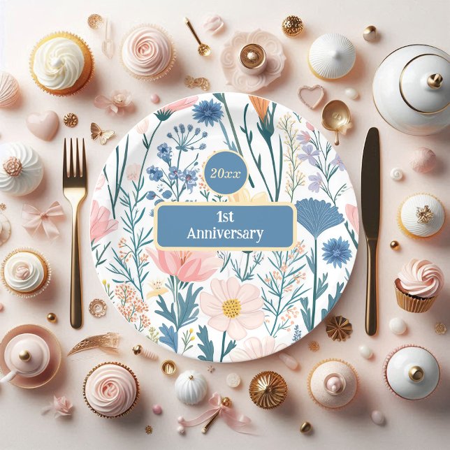 Wildflower Blooms foliage Pastel Blue Pink Meadow  Paper Plates (Wildflower Blooms Pastel Blue Paper Plates)
