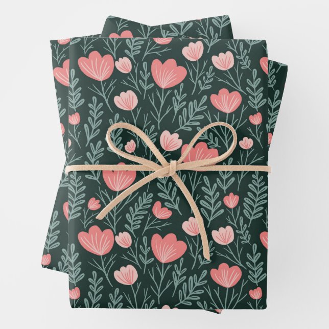 Wildflower Blooms Simple Pink Green Sweet Chic  Wrapping Paper Sheets (In situ)