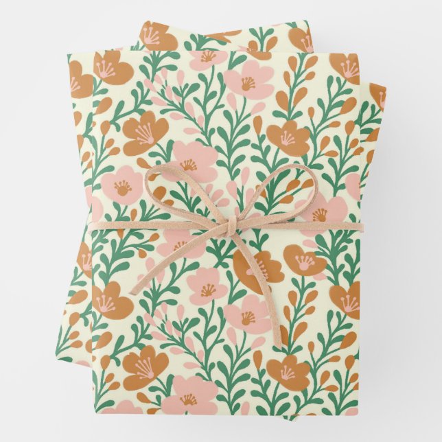 Wildflower Blooms Simple Pink Green Variety Pack  Wrapping Paper Sheets (In situ)