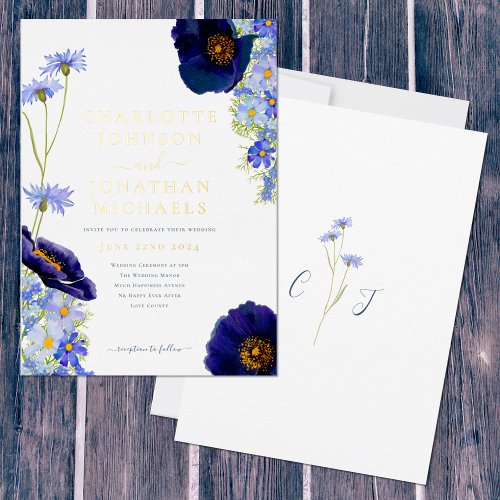 Wildflower Blue and Gold Rustic Wedding Foil Invitation