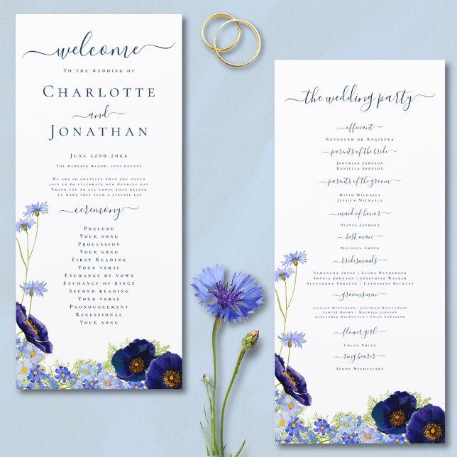 Wildflower Blue Boho Wedding Program (Elegant blue wildflower summer floral day of the wedding programme with stylish typography script )