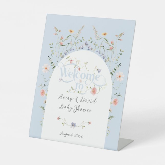 Wildflower Blue Boy Bloom Baby Shower Pedestal Sign (Front)