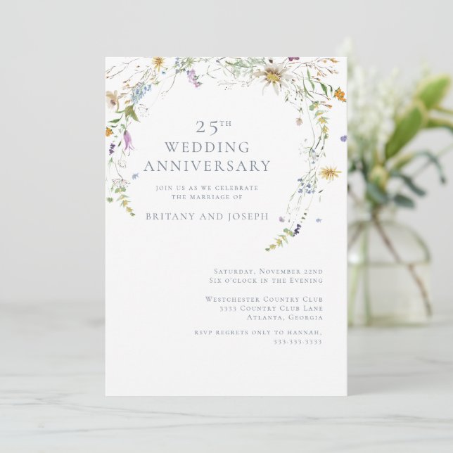  Wildflower Blue Floral 25th Wedding Anniversary Invitation (Standing Front)