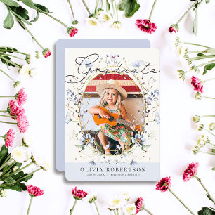 Wildflower Blue Floral Girl Photo Graduation Invitation