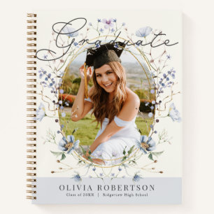 Wildflower Blue Floral Photo Graduation Guest Book