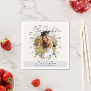 Wildflower Blue Floral Photo Graduation Napkins