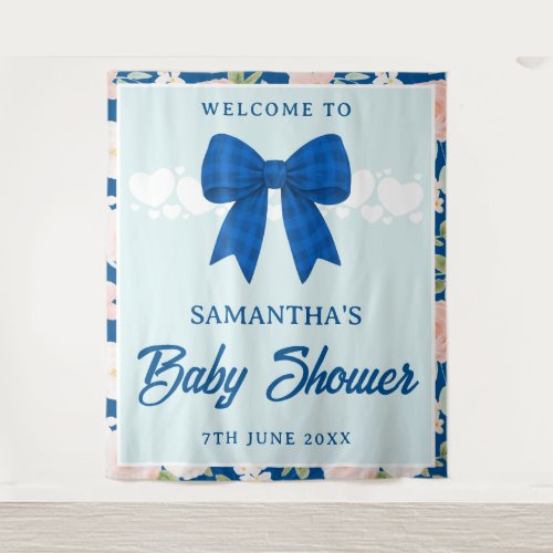 Wildflower Blue Gingham Bow Baby Shower Backdrop