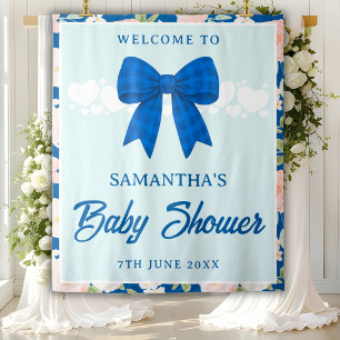 Wildflower Blue Gingham Bow Baby Shower Backdrop