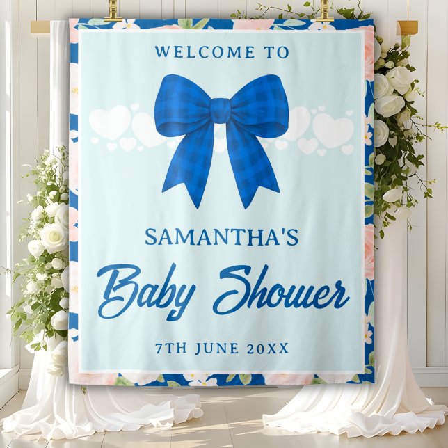 Wildflower Blue Gingham Bow Baby Shower Backdrop (Creator Uploaded)