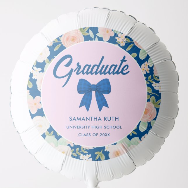 Wildflower Blue Gingham Bow Graduation Party Balloon (Front)