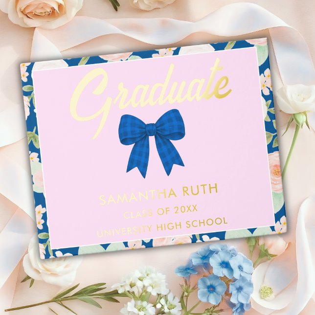 Wildflower Blue Gingham Bow Graduation Party Foil Guest Book (Creator Uploaded)