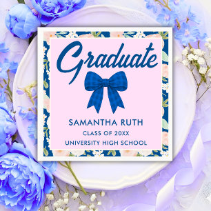 Wildflower Blue Gingham Bow Graduation Party Napkins