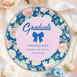 Wildflower Blue Gingham Bow Graduation Party Paper Plates