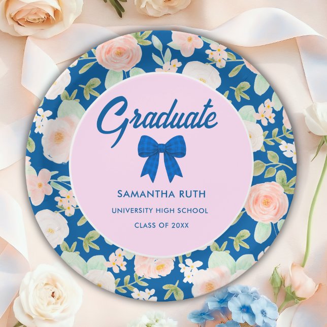Wildflower Blue Gingham Bow Graduation Party Paper Plates (Creator Uploaded)