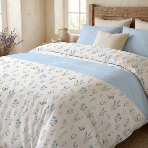 Wildflower Blue Lavender Boho Monogram Name Duvet Cover
