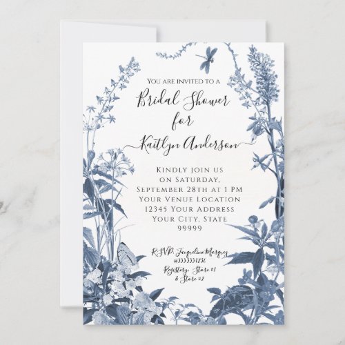 Wildflower Blue n White Floral Bees Bridal Shower Invitation