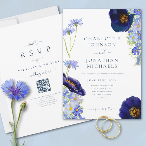 Wildflower Blue Rustic Wedding Website QR Code Invitation