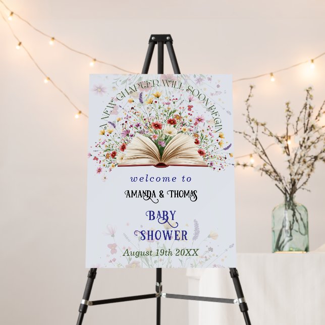 Wildflower Blue Storybook Baby Shower Welcome Sign (In Situ (Stand))