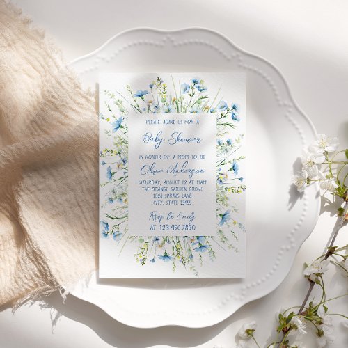 Wildflower Blue Watercolor Boho Baby Boy Shower Invitation