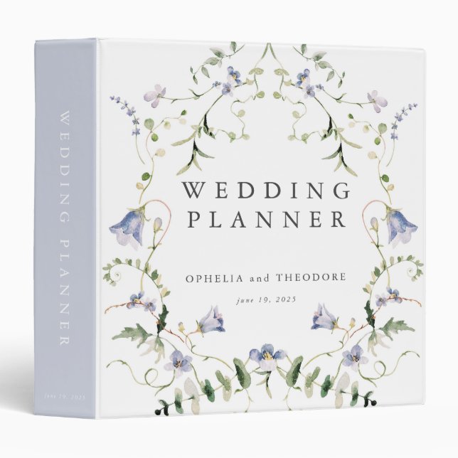 Wildflower Blue Watercolor Elegant Wedding Planner 3 Ring Binder (Front/Spine)