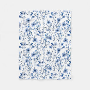 Wildflower Blue White Watercolor Floral Fleece Blanket
